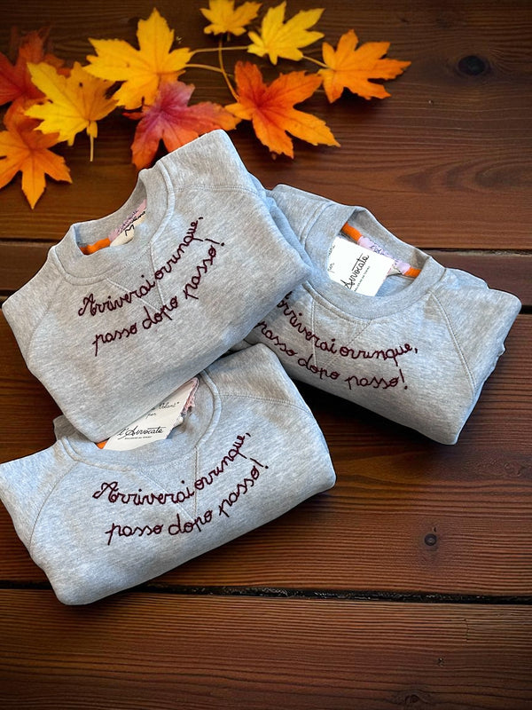 Felpa Avvocata grigia con ricamo a mano bordeaux 𝒜𝓇𝓇𝒾𝓋𝑒𝓇𝒶𝒾 𝑜𝓋𝓊𝓃𝓆𝓊𝑒, 𝓅𝒶𝓈𝓈𝑜 𝒹𝑜𝓅𝑜 𝓅𝒶𝓈𝓈𝑜!